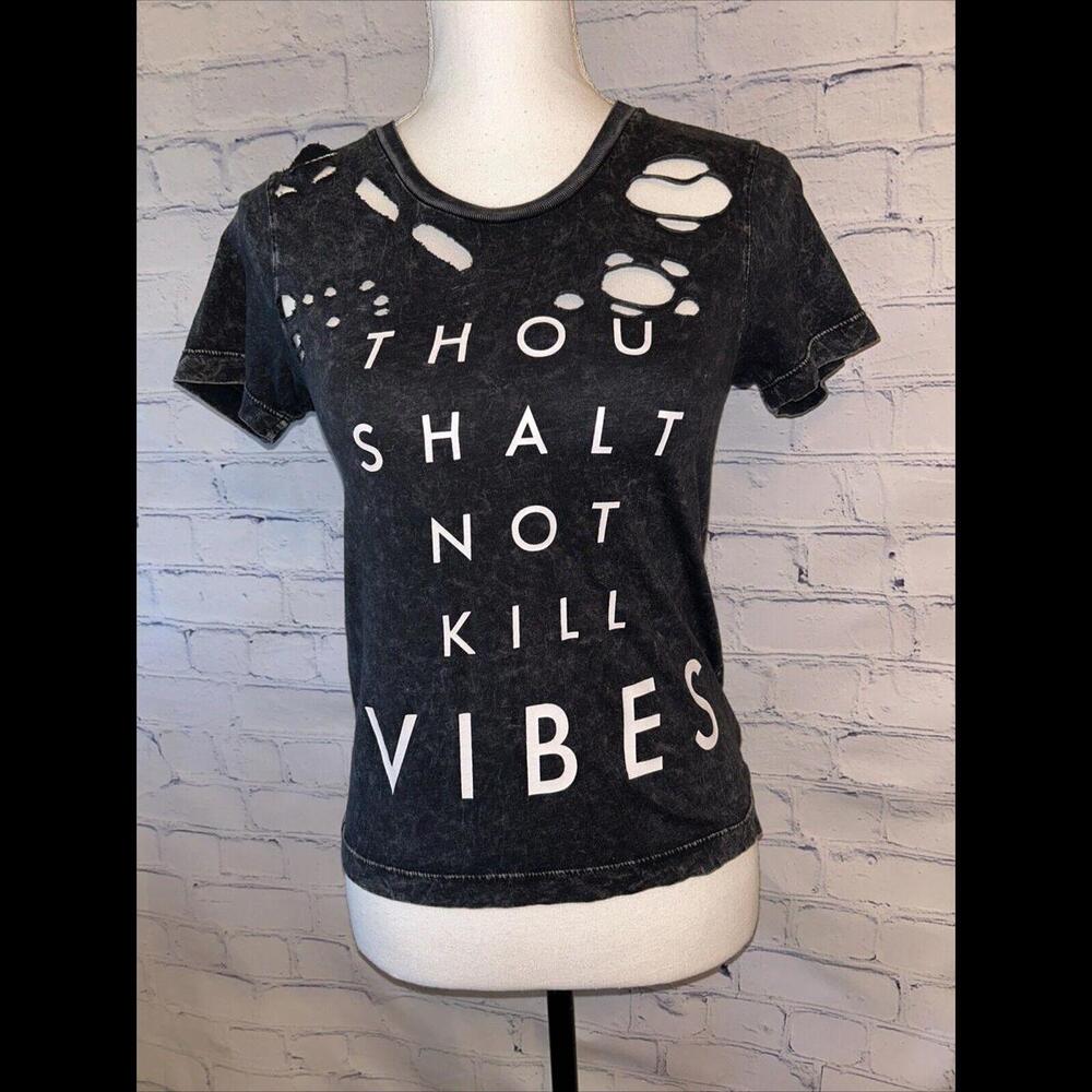 The Light Blonde Thou Shall Not Kill Vibes Distressed Tshirt XS Black Acid Wash